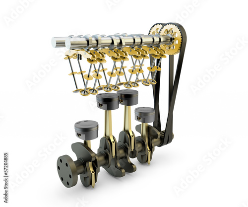 Bild auf Leinwand Engine with pistons, valves, crankshaft and camshaft isolated on