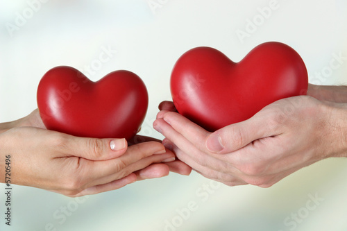 Hearts in hands on light background