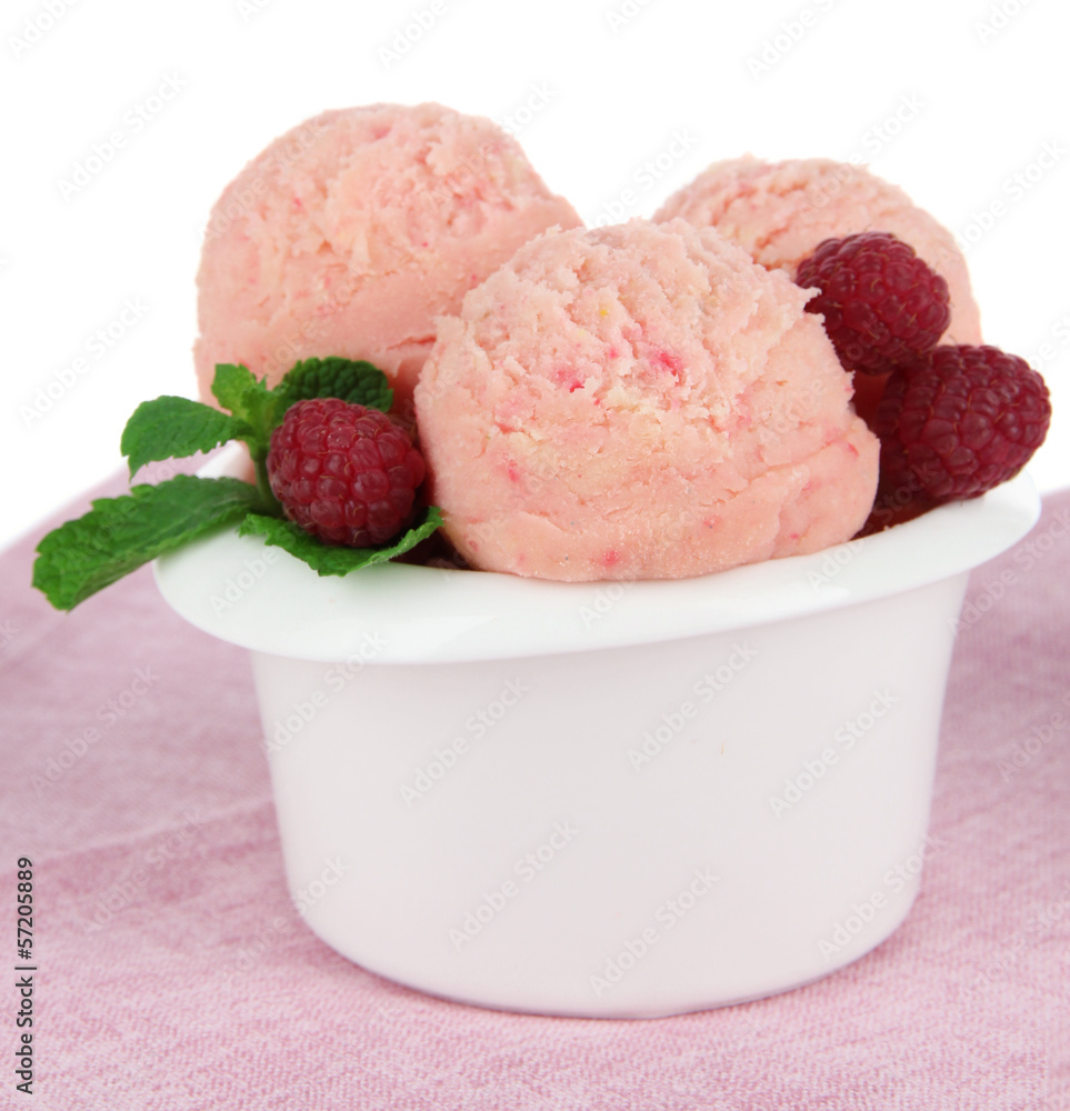 Tasty ice cream scoops in bowl, isolated on white Tasty ice cream scoops in bowl, isolated on white