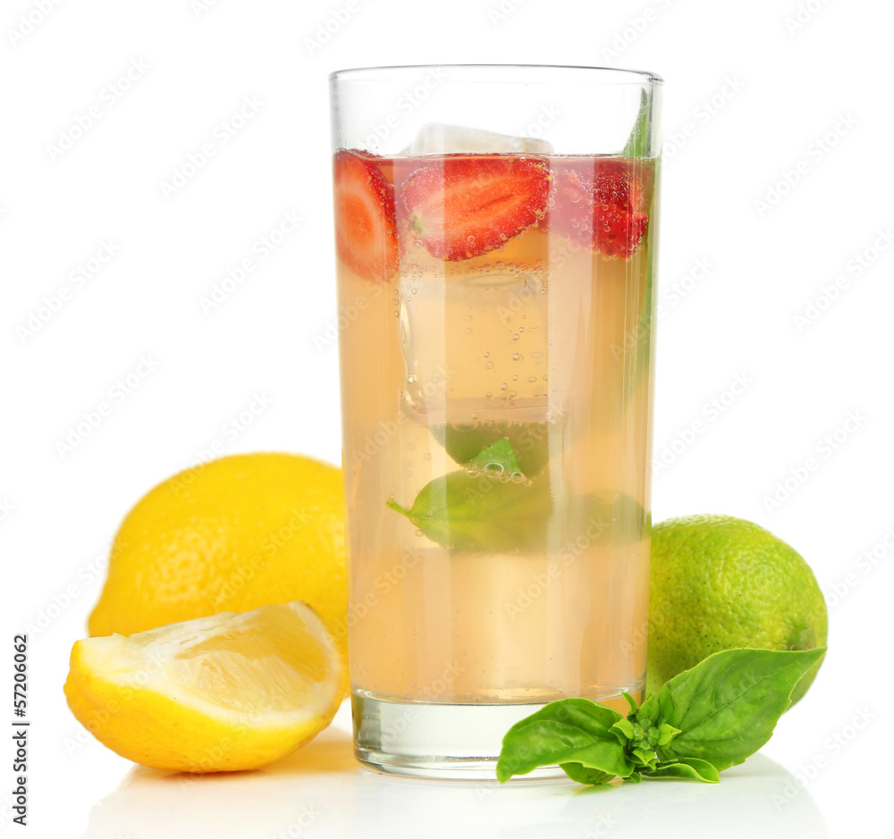 Basil lemonade with strawberry in glass, isolated on white Basil lemonade with strawberry in glass, isolated on white