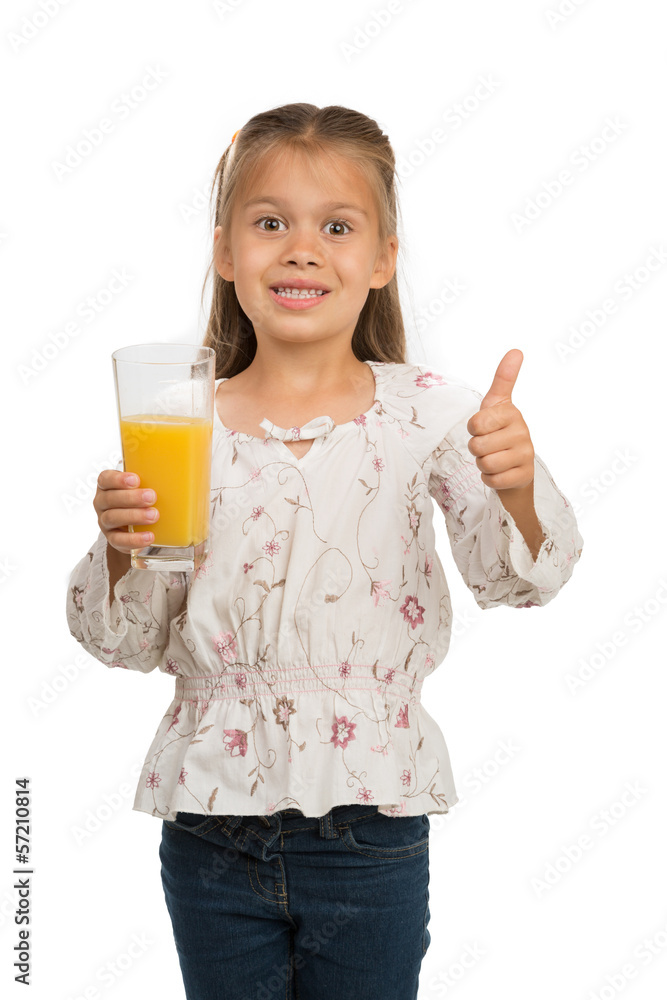 Girl Holdng Glass With Orange Juice Showing Thumb Up Girl Holdng Glass With Orange Juice Showing Thumb Up
