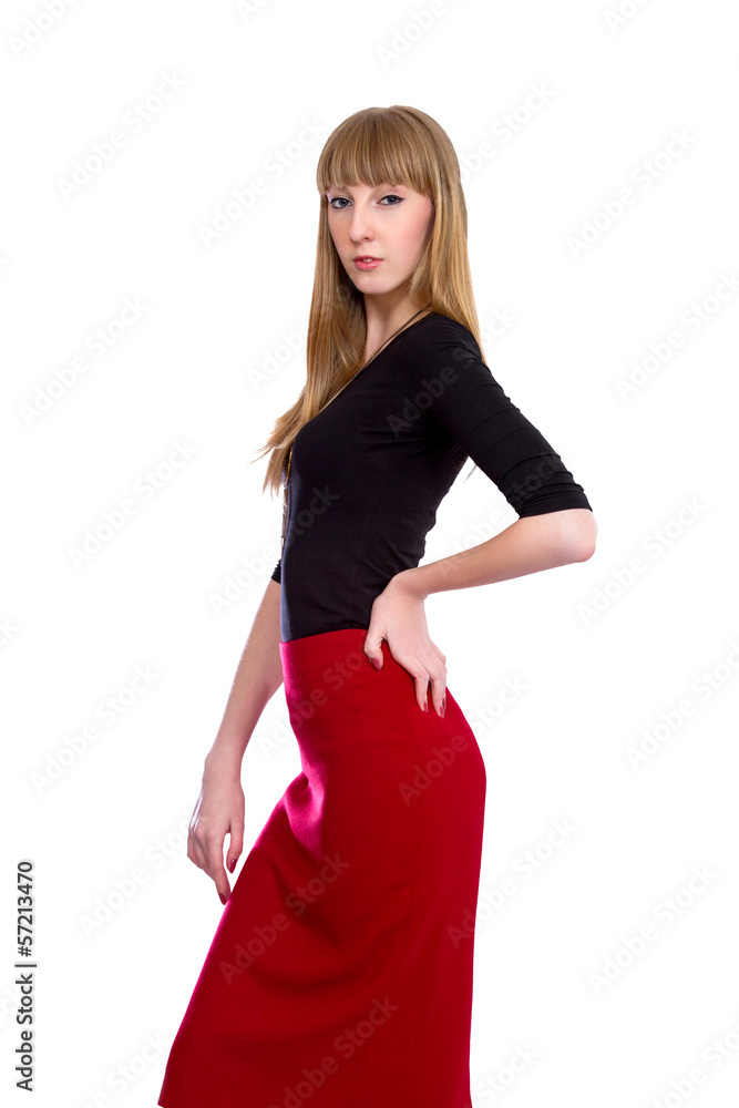 blonde in the office red skirt on a white background blonde in the office red skirt on a white background