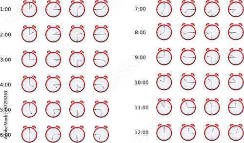 Set icone, sveglia rossa in step di 15 minuti