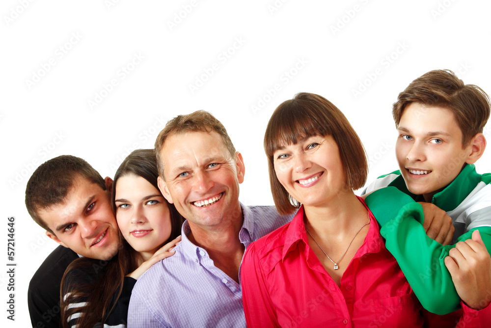 Happy big caucasian family having fun and smiling over white bac Happy big caucasian family having fun and smiling over white bac