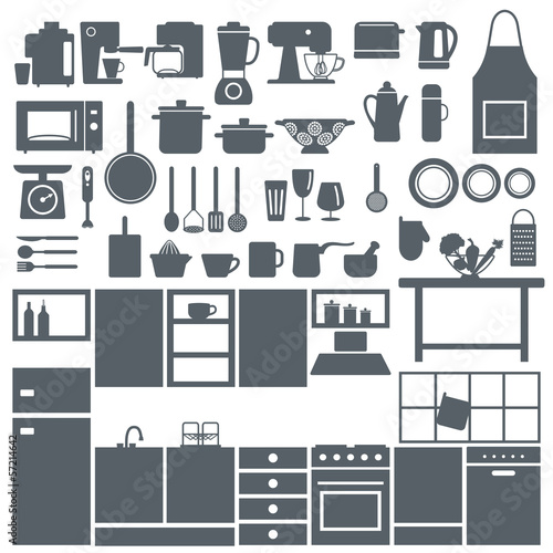 Kitchen elements silhouette icons set