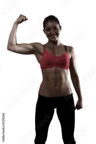 sport woman show biceps, silhouette studio shot over white