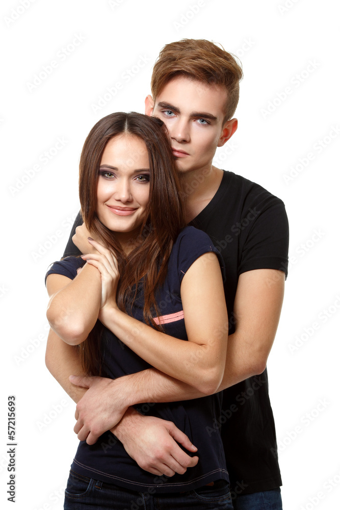 young couple, beautiful cheerful woman and man over white young couple, beautiful cheerful woman and man over white