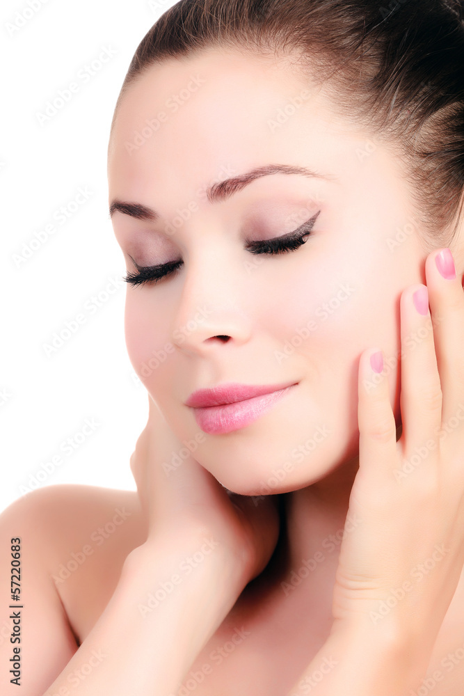 Beautiful girl with clean fresh skin, white background, copyspac Beautiful girl with clean fresh skin, white background, copyspac