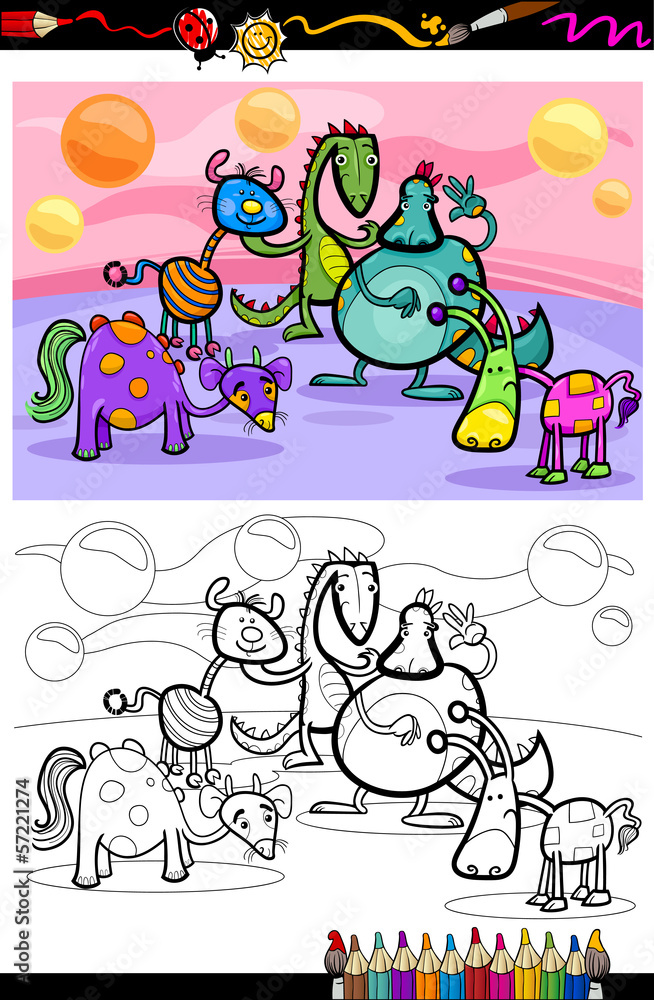 Naklejka premium cartoon fantasy group coloring page