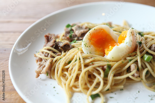 spaghetti pork and boiled egg in japanese style