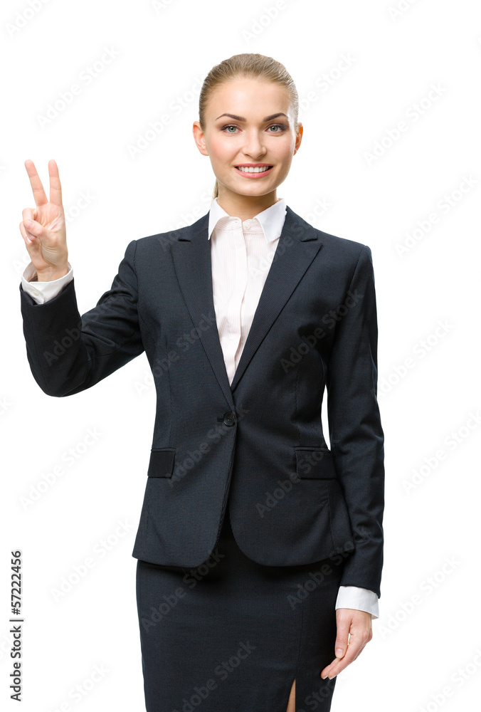 Half-length portrait of businesswoman victory gesturing Half-length portrait of businesswoman victory gesturing