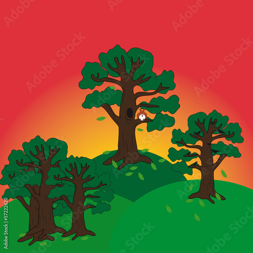 Vector illustration of sundown in the forest