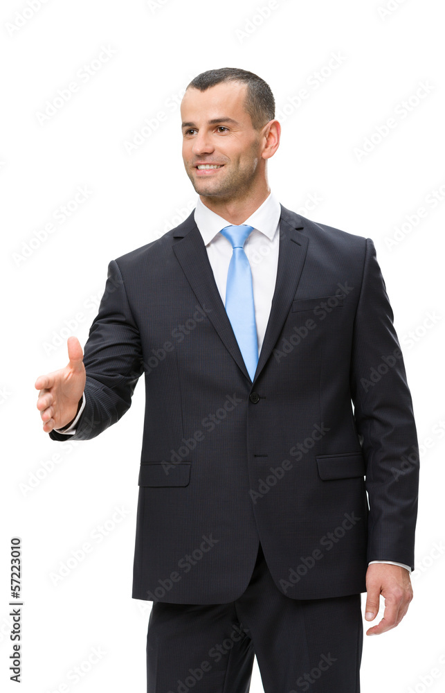 Half-length portrait of businessman handshake gesturing Half-length portrait of businessman handshake gesturing