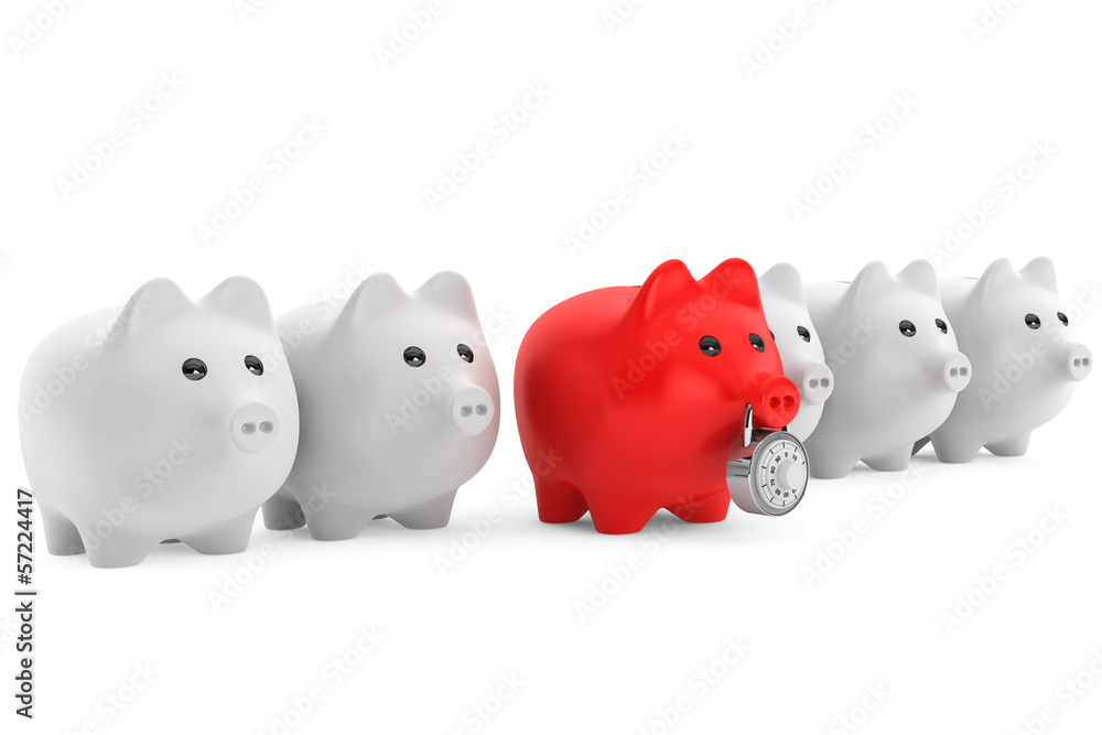 Piggy bank in row with one red secured with combination lock Piggy bank in row with one red secured with combination lock