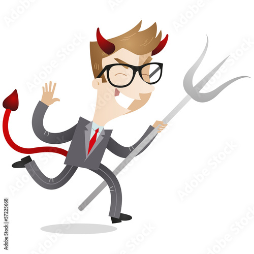 Businessman, devil, running, evil, trident, laughing