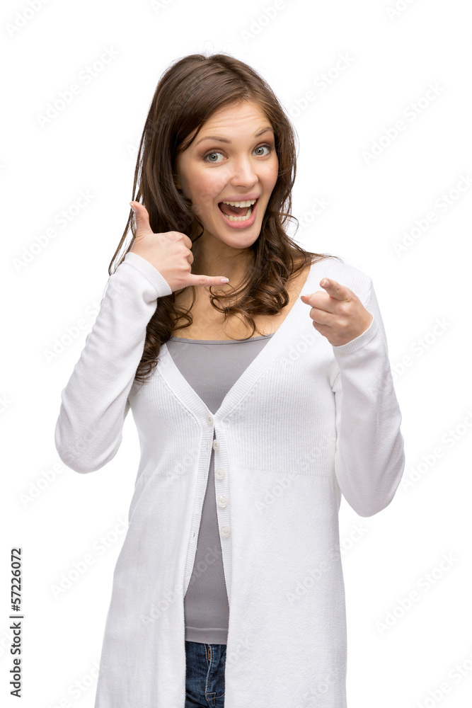 Half-length portrait of woman phone gesturing Half-length portrait of woman phone gesturing
