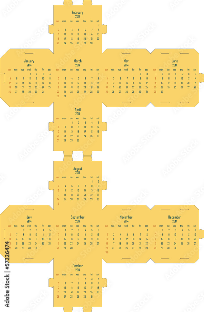 2014 cube calendar template cardboard box Stock Vector | Adobe Stock