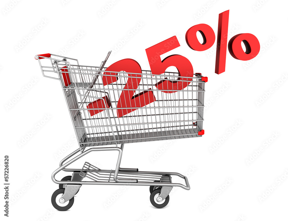 shopping cart with 25 percent discount isolated on white backgro shopping cart with 25 percent discount isolated on white backgro