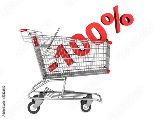 shopping cart with 100 percent discount isolated on white backgr