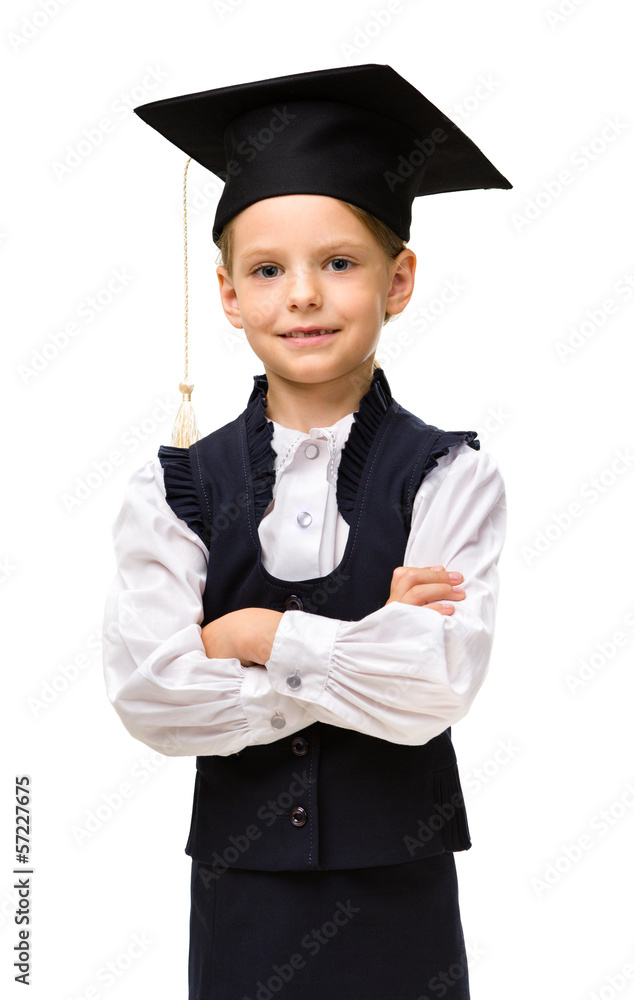 Half-length portrait of little student in academic cap Half-length portrait of little student in academic cap