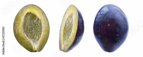 Fresh pieces plums isolated on white in different angles