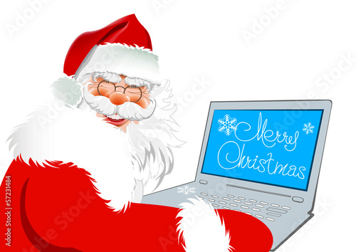 Santa Claus with a laptop. Vector Illustration