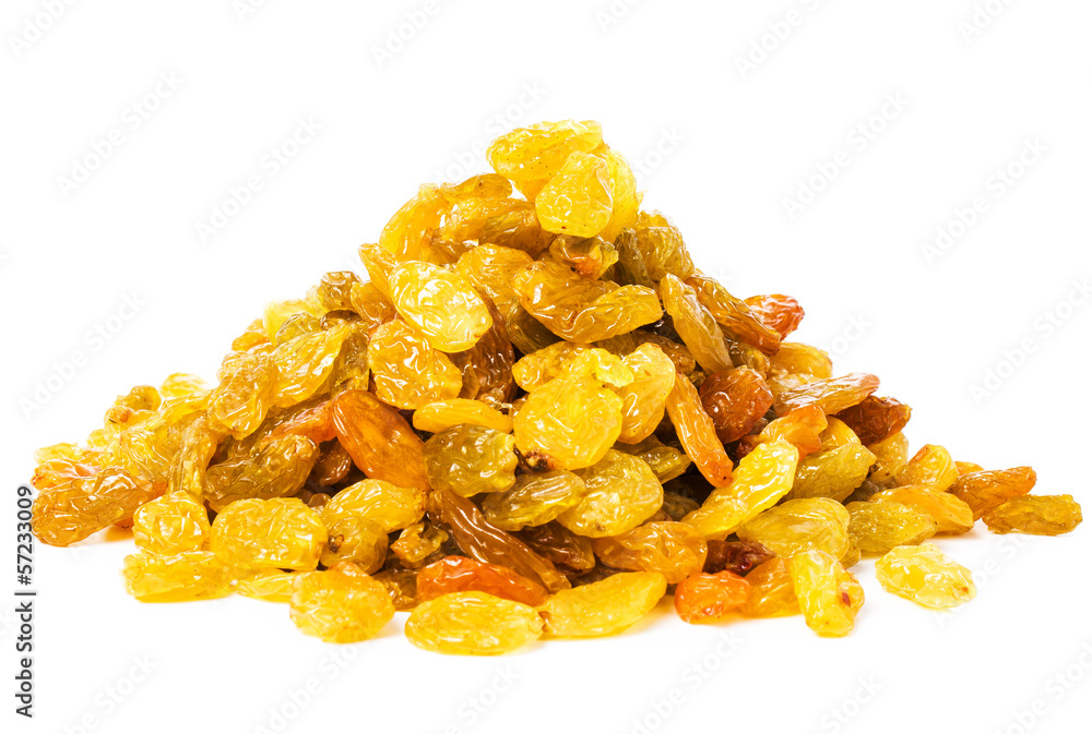 Heap of Golden Shiny Raisins isolated on white background, clos Heap of Golden Shiny Raisins isolated on white background, clos