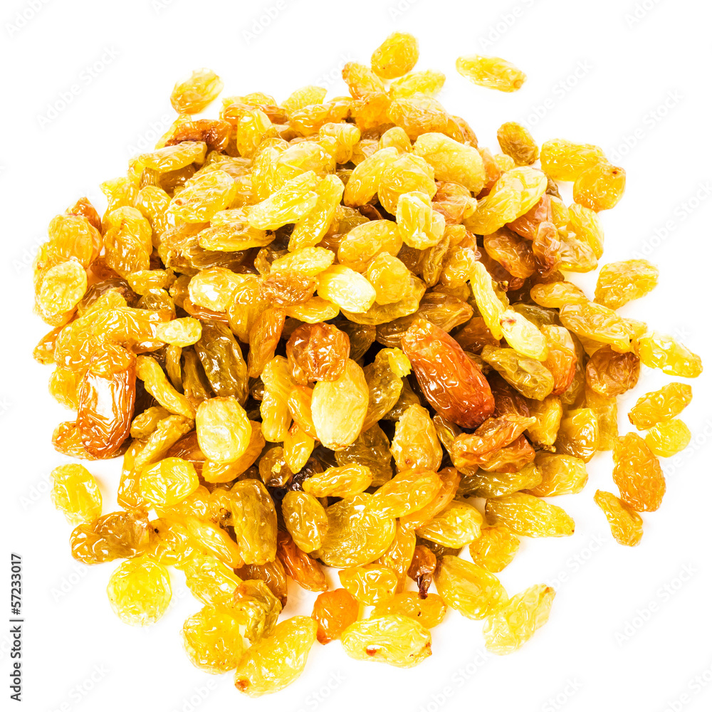 Heap of Golden Shiny Raisins isolated on white background, clos Heap of Golden Shiny Raisins isolated on white background, clos
