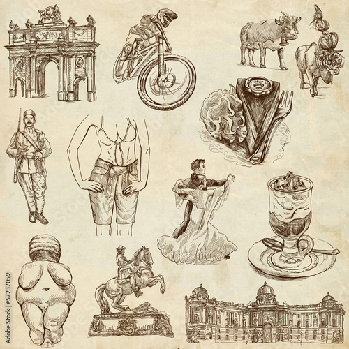 Canvas Print traveling Austria - hand drawings - old paper part 2