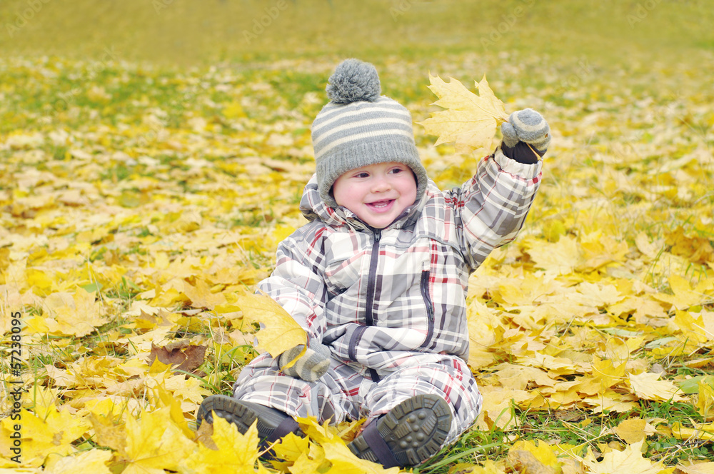 lovely baby age of 1 year outdoors in autumn plays with leaves lovely baby age of 1 year outdoors in autumn plays with leaves
