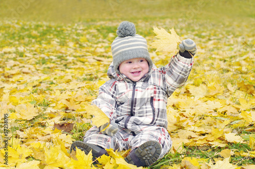 lovely baby age of 1 year outdoors in autumn plays with leaves