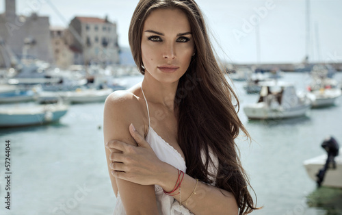 Portrait of brunette woman with long hair