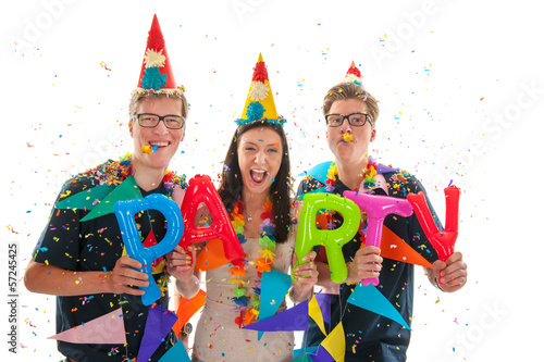 Adult twins and girl having party