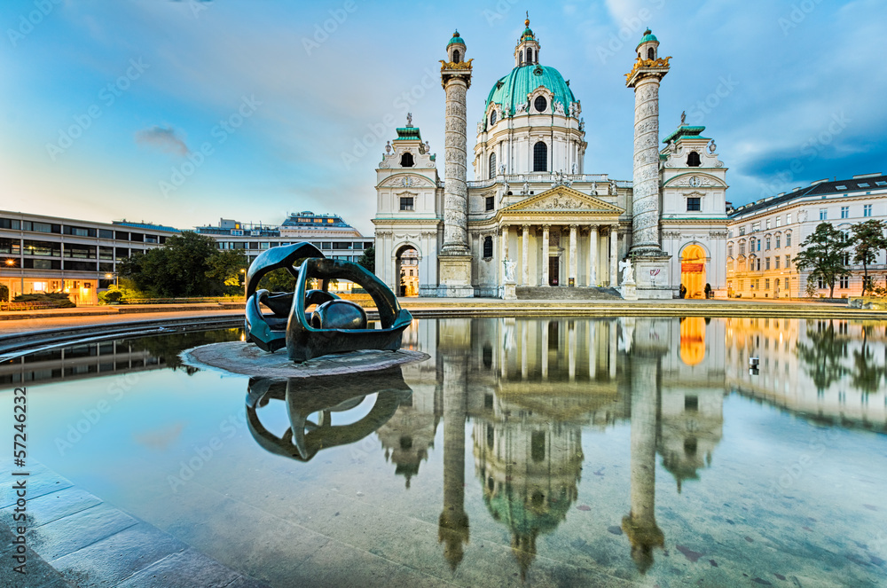 Karlskirche in Vienna, Austria at sunrise - obrazy, fototapety, plakaty 