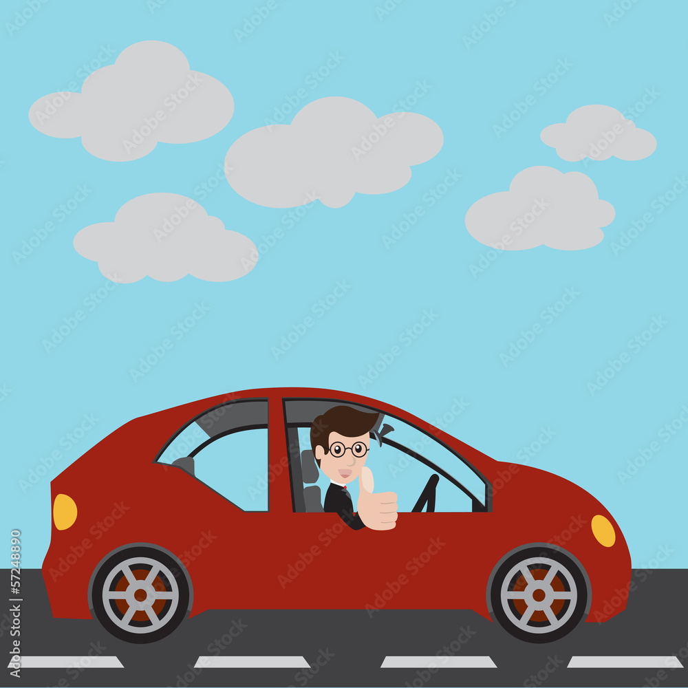 Businessman in a red car and thumbs up. Vector illustration