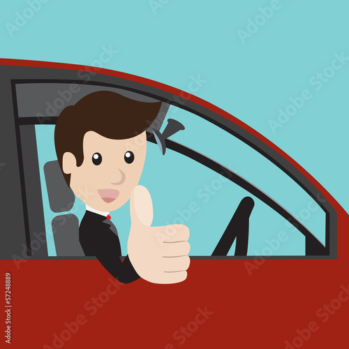 Businessman in a red car and thumbs up. Vector illustration