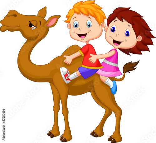 Boy and girl riding camel