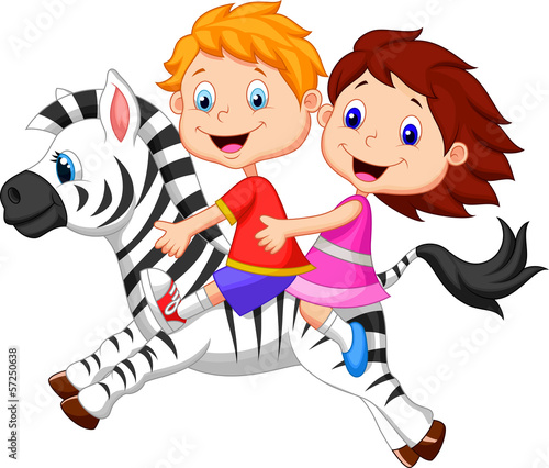 Boy and girl riding a zebra