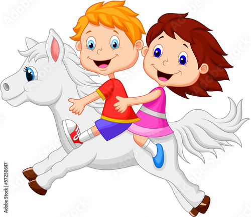 Boy and girl riding a pony horse