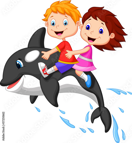 Boy and girl riding orca