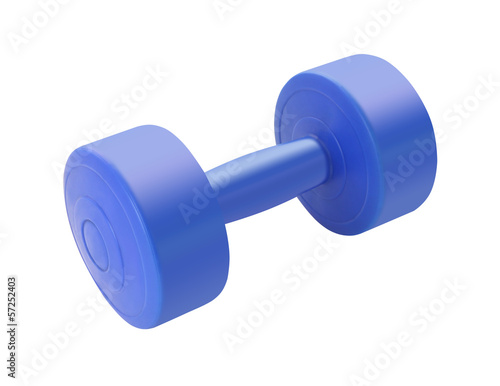 Single blue plastic dumbell on white background.