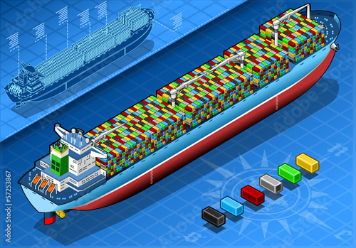 Isometric Cargo Ship with Containers Isolated in Rear View