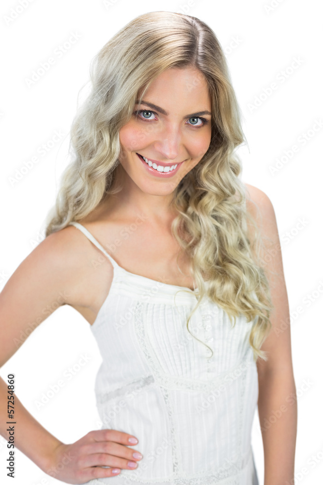 Cheerful sensual model in white dress posing Cheerful sensual model in white dress posing