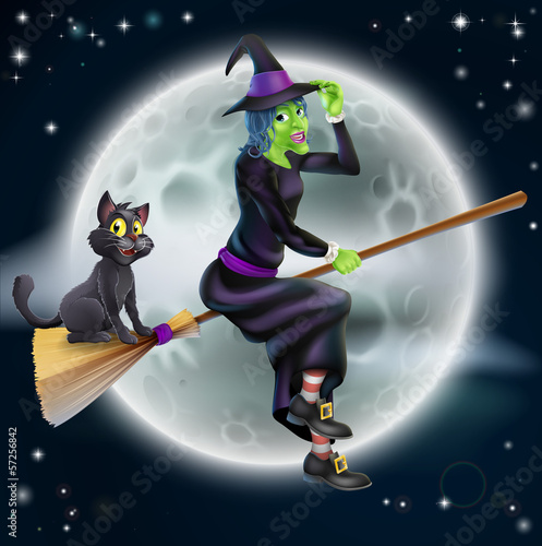 Witch flying on broom and n...