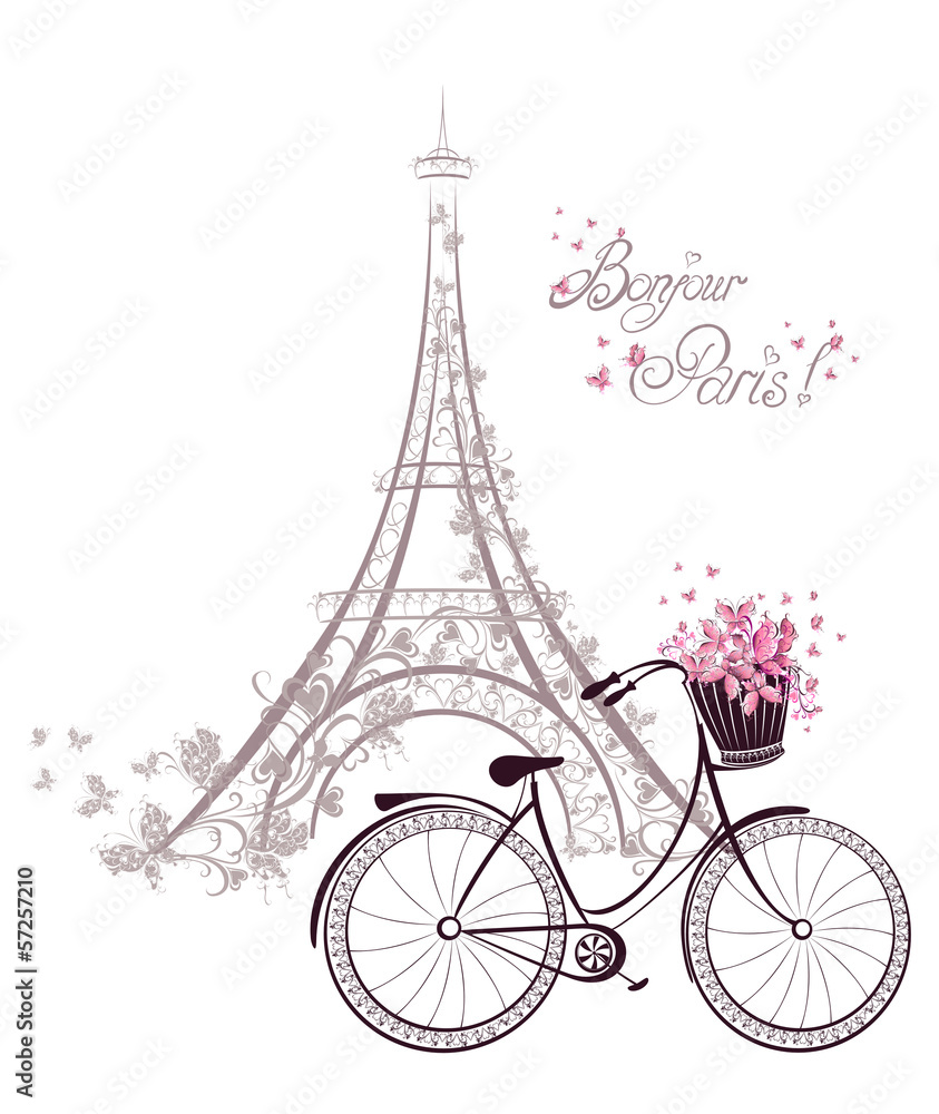 Tekst Bonjour Paris z Wieżą Eiffla i rowerem