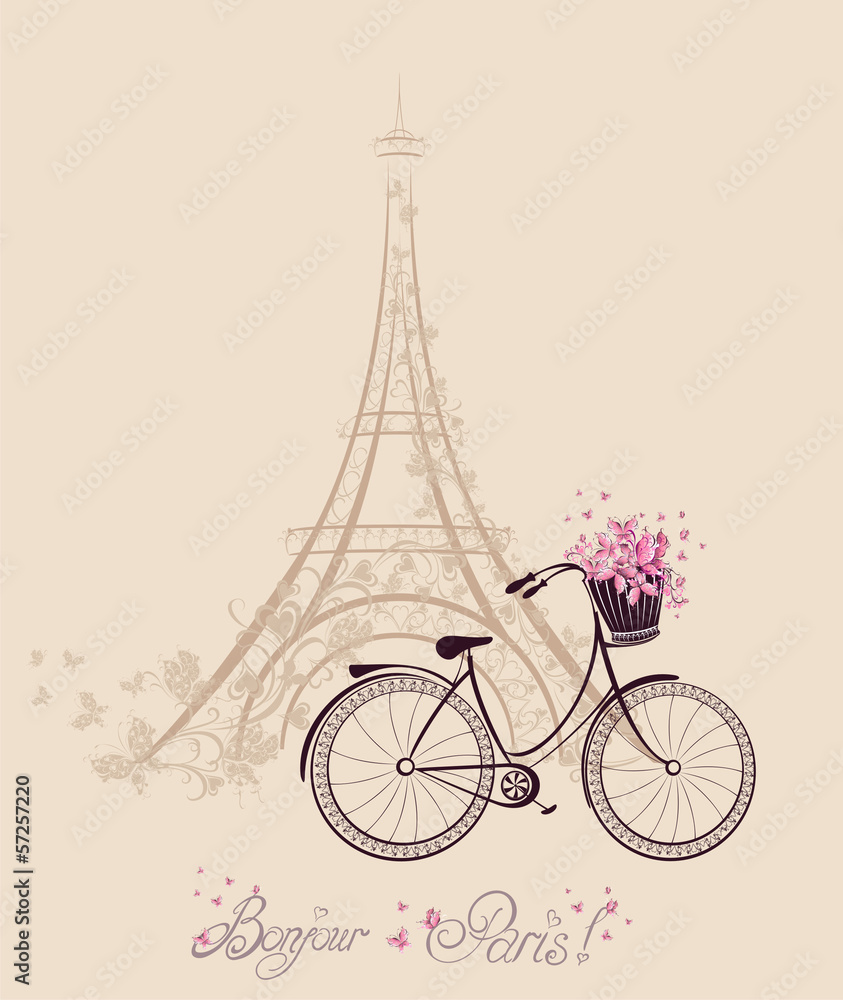 Naklejka Romantyczna pocztówka z Paryża. Wieża Eiffla i rower