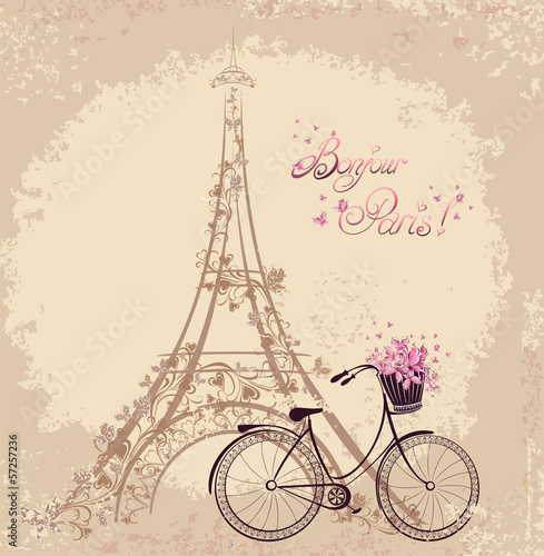 Romantic postcard from Paris. Eiffel Tower and bicycle #57257236