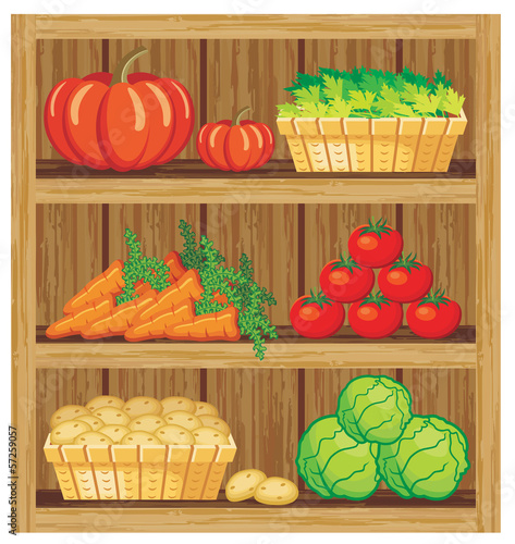 Supermarket. Shelfs and vegetables