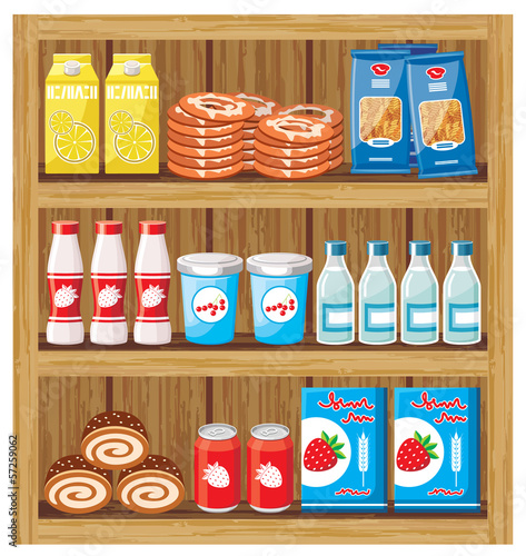 Supermarket. Shelfs with food