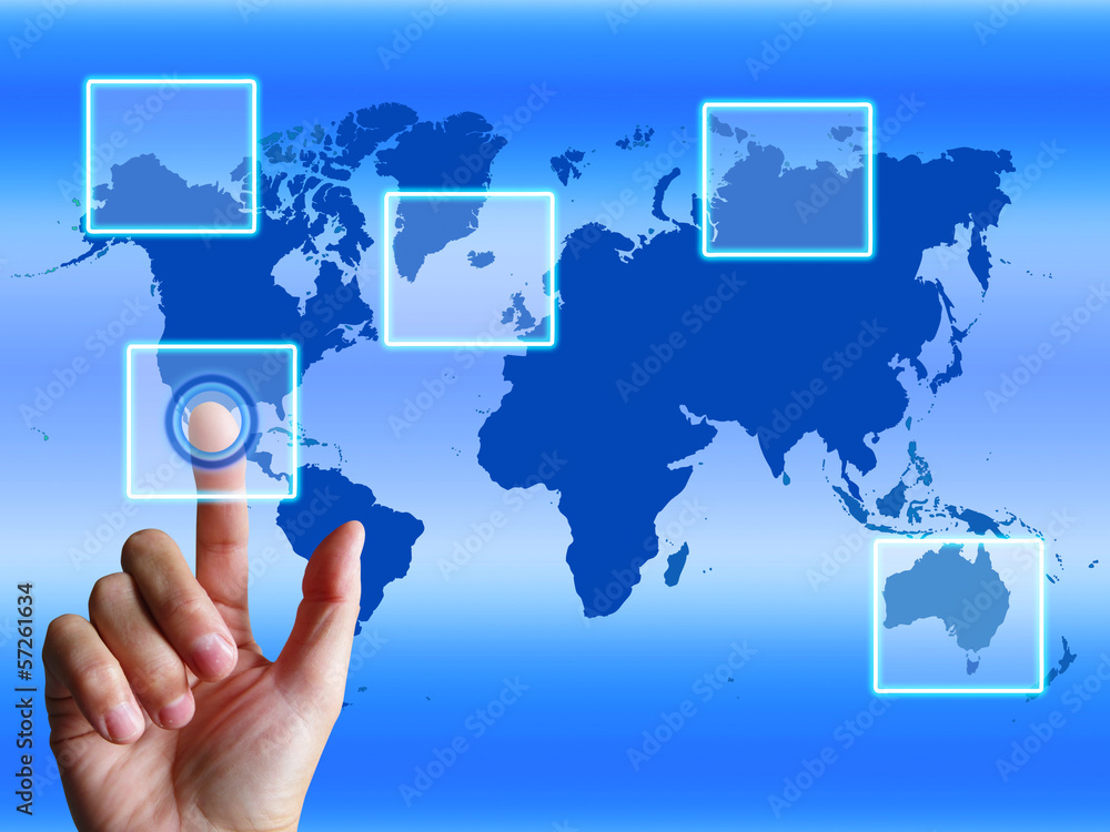 World Map Finger Shows Worldwide Communication And Global Cybers World Map Finger Shows Worldwide Communication And Global Cybers